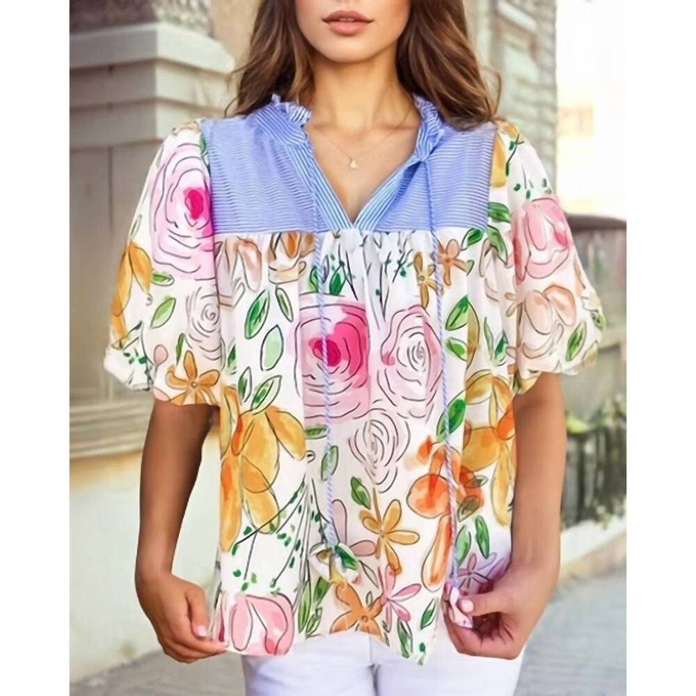 NEW 1 THE WOMAN floral striped yoke frilled v-neck puff short sleeved blouse in